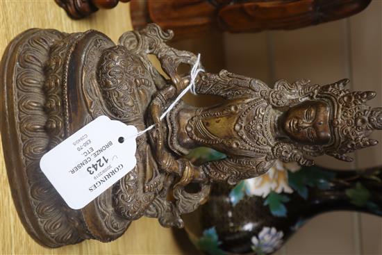 A bronze figure of Tara, a bronze censer, a cloisonne vase and a Tibetan box